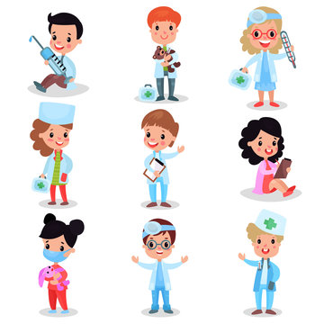 Little kids playing doctor set, cute boys and girls in professional clothing vector illustrations