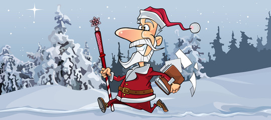 cartoon joyous Santa Claus is quickly running through the winter forest