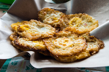 Close up of a plate full of fried eggs at a small warung in Java, Indonesia, 2017
