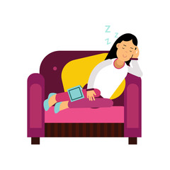 Beautiful brunette girl sleeping on armchair, relaxing person cartoon vector illustration