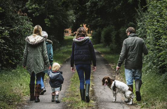 Rear View Of Caucasian Family Walking Together