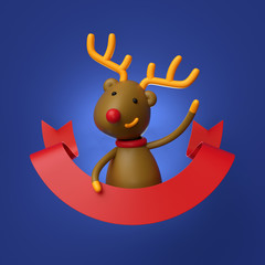 3d render, cute Christmas character, cartoon Reindeer, red ribbon, greeting card template, copy space, blank banner, blue background