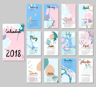 Hand drawing vector Calendar 2018. Abstract painting templates.