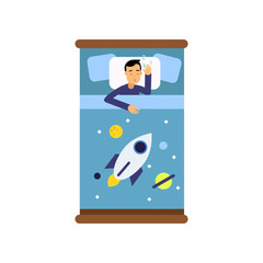 Boy sleeping in his bed, view from above cartoon vector illustration