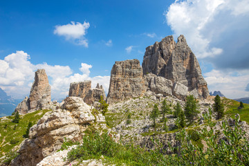 Five Towers Peaks, Nuvolau group, oriental Dolomites, near the famous winter and summer city place of Cortina d'Ampezzo, Veneto, Italy.