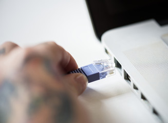Lan cable connected on a laptop