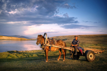 Horse man sitting on a horse cart in a scenic view of nature.