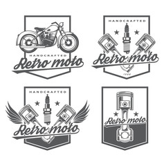 logo repair and restoration of vintage equipment. Garage Classics. Stylish logo for car repairs. Icon for parts online store. Set emblem with piston and motorcycle.