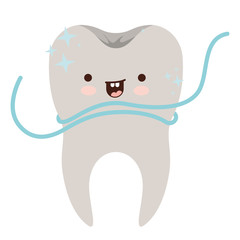 kawaii tooth with root and dental floss around in colorful silhouette