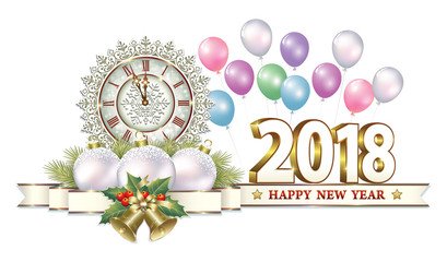 Fototapeta na wymiar Happy New Year of 2018 with clocks and bells on the background of balloons