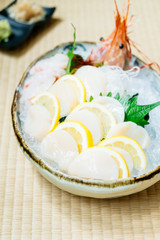 Raw and fresh sashimi set with hotate oyster and prawn or shrimp