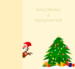 Weihnachtsmann und Rentier schauen hinter einer Wand vor in ein Zimmer mit Weihnachtsbaum