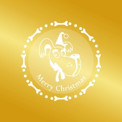 Obraz premium dog in santa claus hat on a gold background christmas tree emblem design