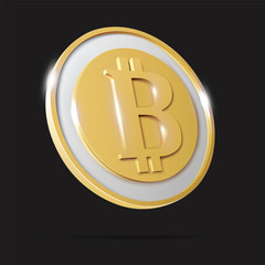 Golden coin with bitcoin sign. Crypto money blockchain and finance symbol. Vector Illustration isolated on black background