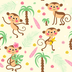 Fototapeta premium Cute monkeys seamless pattern