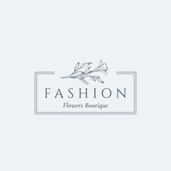 Fashion Flowers Boutique Abstract Vector Sign, Symbol or Logo Template. Retro Lilly Illustration with Classy Typography. Premium Quality Feminine Emblem. - obrazy, fototapety, plakaty