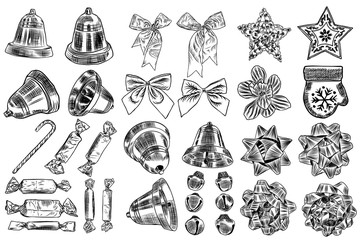 Obraz premium Vintage hand drawn traditional Christmas decorations for DIY, toys and snowflake star. Jingle bells, bows, ribbon, chocolate, candy, poinsettia. Great for invitation and greeting cards design. Vector