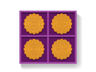 Chinese moon cake in gift box, top view, vector