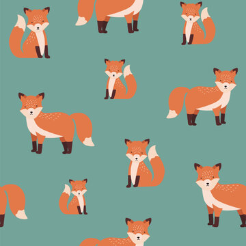 Gorgeous seamless pattern with sitting and standing red cute fox on green background. Backdrop with funny cartoon forest animal. Vector illustration for fabric print, wallpaper, wrapping paper.
