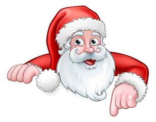 Santa Cartoon Pointing Down from Behind Sign