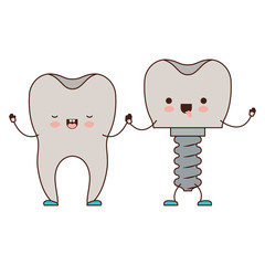 tooth and tooth implant with screw and holding hands in cartoon colorful silhouette