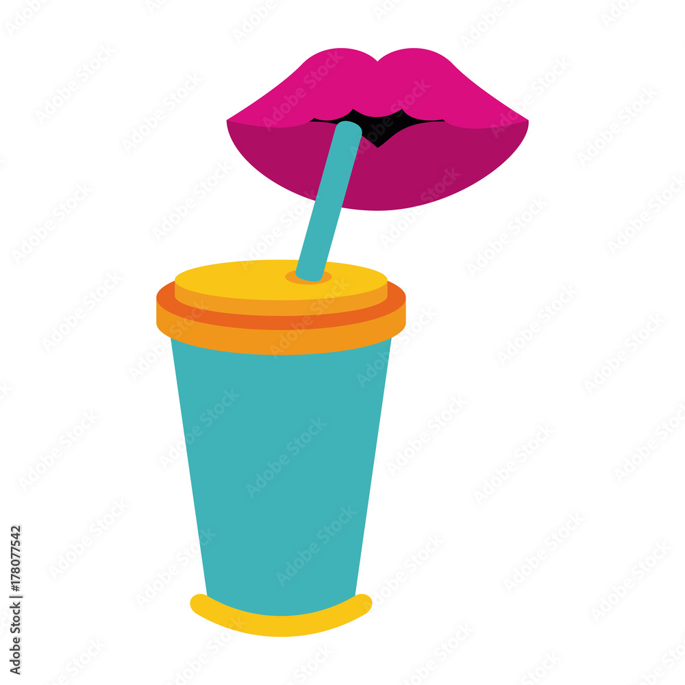 Wall mural lips drinking soda in disposable cup with straw icon image vector illustration design