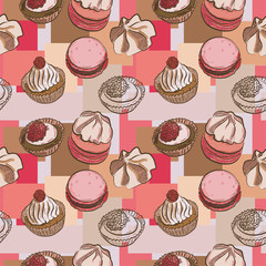 Seamless pattern with different sweet cakes, vector illustration