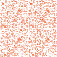 Background with icons and hearts. Vector illustration for Valentines day, wedding, celebration.