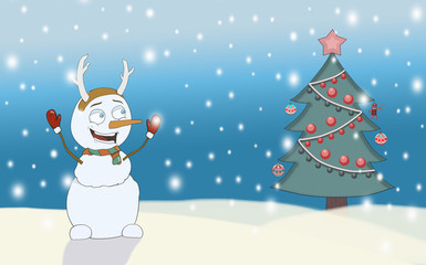 happy snowman stands near a Christmas tree under a snowfall