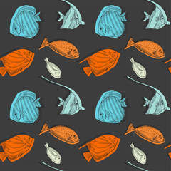 Seamless pattern with different fishes on dark background, vector illustration