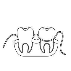teeth and gums with dental floss between them in monochrome silhouette