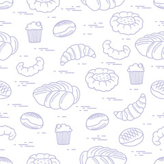 Pattern of different bakery products (bun, cheesecake, cupcake, croissant and other).