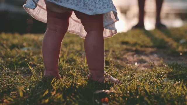 Little baby learns to walk. First Steps. Slow Motion 120 fps, 4K. Father is teaching his child to do the first steps on a green grass in summer. Close up on feet. Happy childhood and Parenthood.