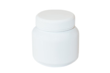The white bottle or container for ointment, balm or tablets on a white background