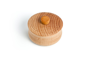 Empty wooden bowl with cover on white background.