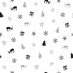 Fototapeta premium Christmas New Year seamless pattern with snowflakes christmas tree deer. Holiday background. Silver snowflakes. Xmas winter decoration. Silver texture. Hand drawn illustration. Wrapping gift paper.