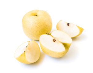 Chinese pear fresh fruit with slices on white background, selective focus