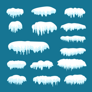 Snow caps, snowballs, snowdrifts, icy icicles set. Snow cap vector collection. Winter decoration element. Snowy elements on blue background. Cartoon template. Snowfall and snowflakes in motion Vector