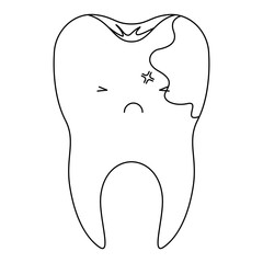 kawaii tooth with root and caries by side in monochrome silhouette