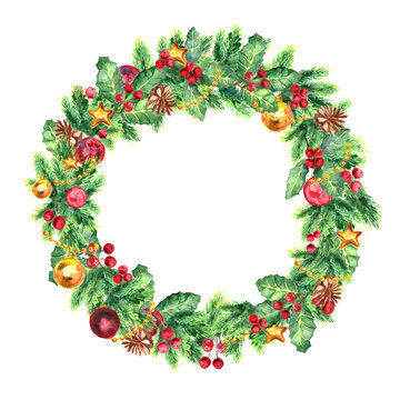 Traditional christmas wreath isolated on white background. Festive decoration.