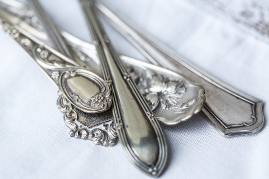 Close up of vintage cutlery handles