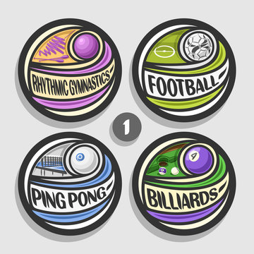 Vector set of sport logos, 4 round simple badges with flying ball on curved trajectory, circle sports signs of minimal design with games equipment, original type for words of different kind of sport.