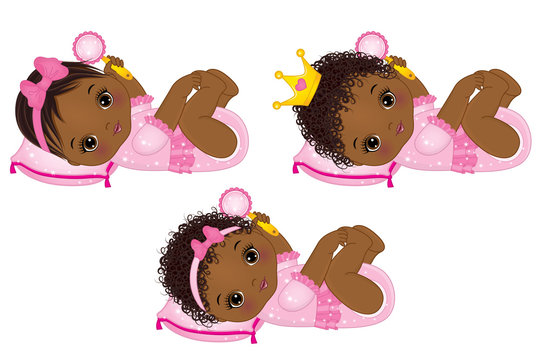 Vector Cute African American Baby Girls Dressed as Princesses