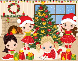 Obraz na płótnie Canvas Vector Christmas and New Year set with Cute Little Girls and Xmas Elements