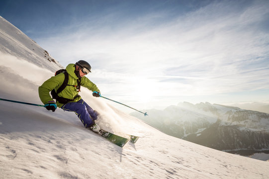 A skier does backcountry skiing in the Dolomites in Northeastern Italy.