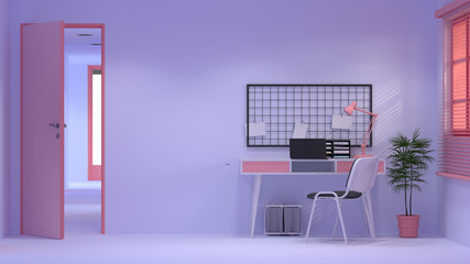 Interior colurful decoration room,office 3D rendering with lamp ornamental trees notebook on table...