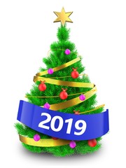 3d vibrant Christmas tree with 2019 sign