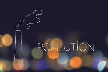 smoking chimney icon next to pollution text over city