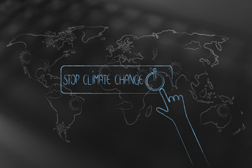 stop climate change OFF button with hand about to push over world map overaly