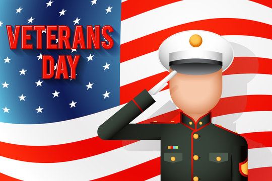 Veterans day american military ceremonial dress stands attention salutes flag background flat icon vector illustration
